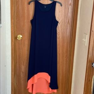 long blue and pink dress & a bit shorter in front